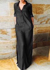 Elegante vestido largo de mezclilla con cuello Peter Pan azul y patchwork de manga larga